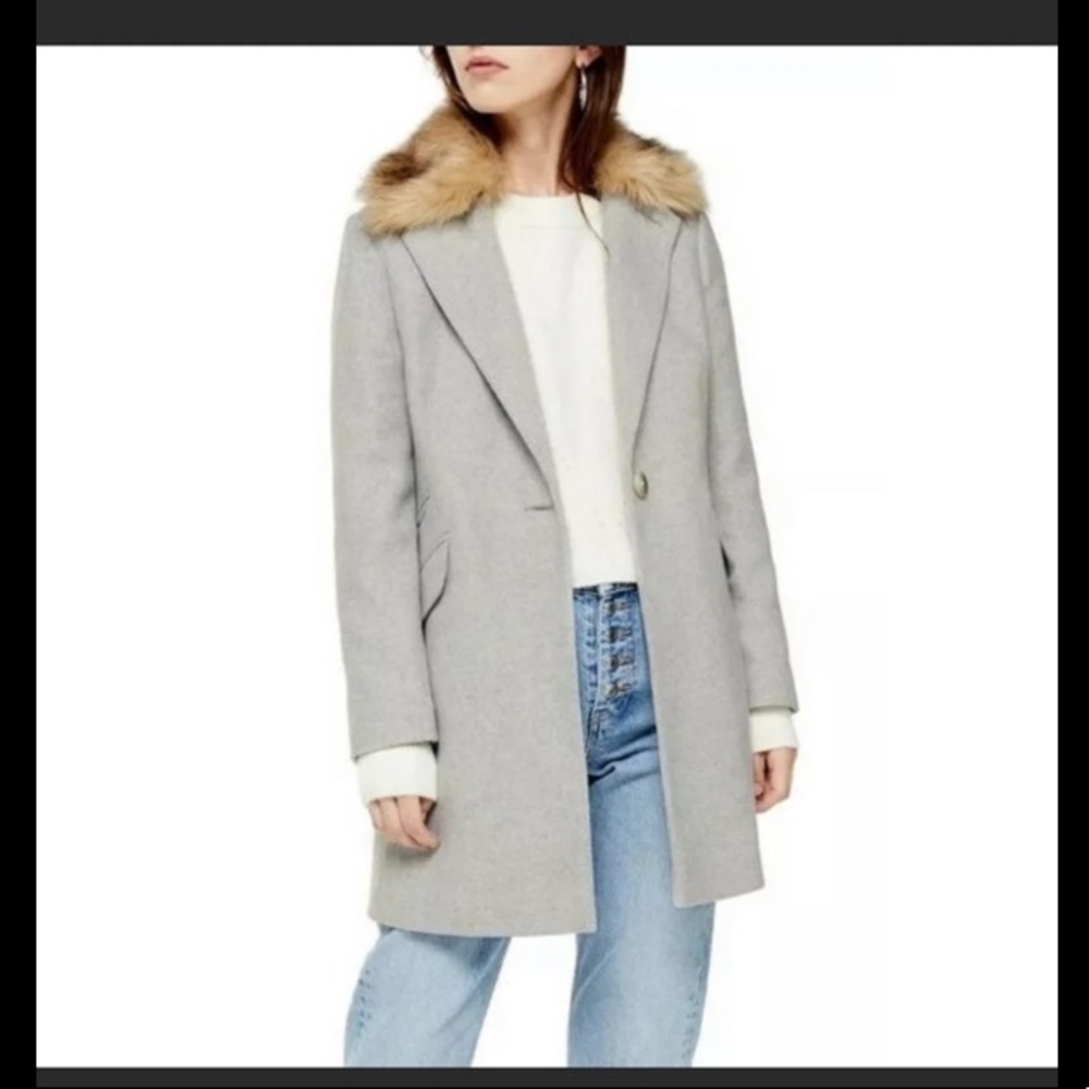 NEW Topshop Monica grey coat faux fur collar 10